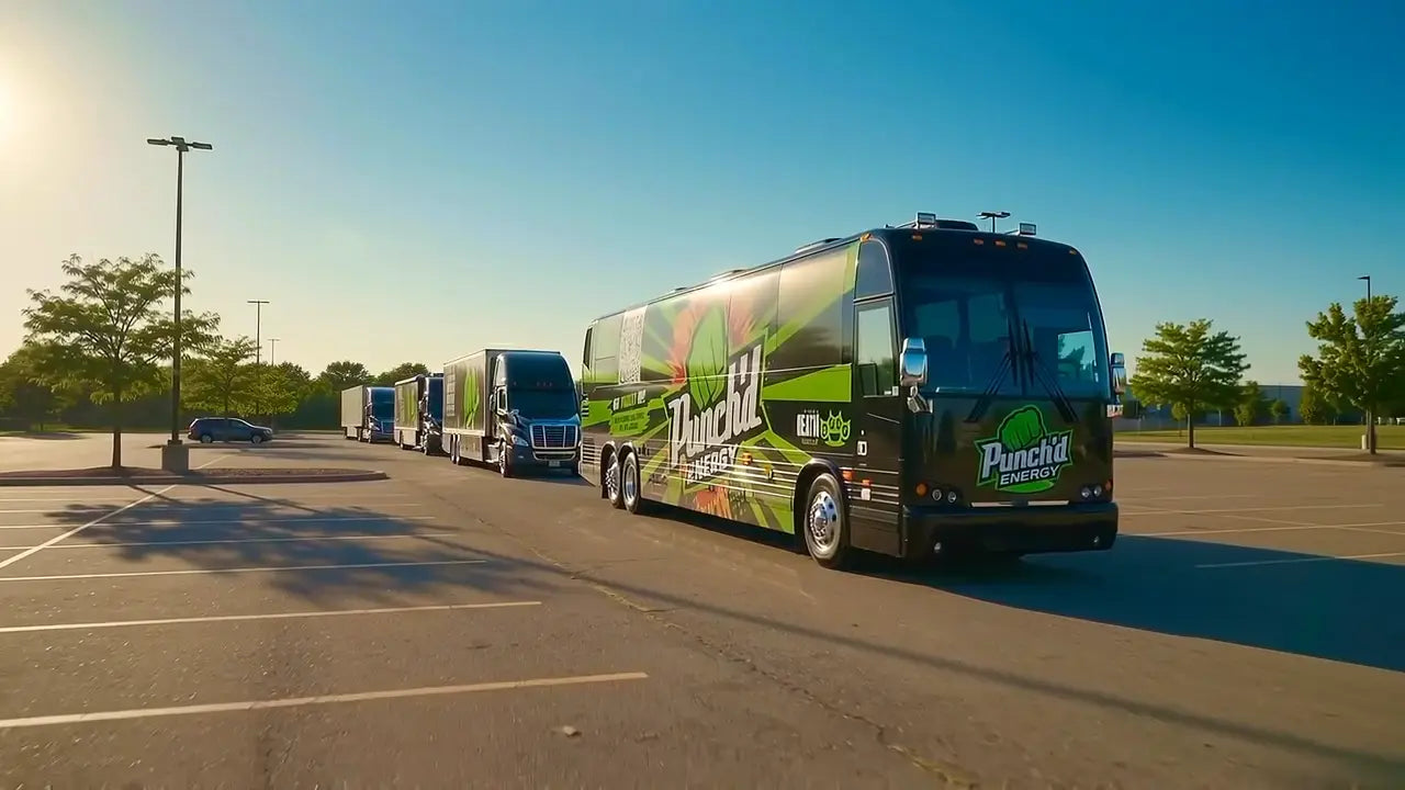 The Punch'd Energy-wrapped tour coach and its trailers pulling into a lot at sunset