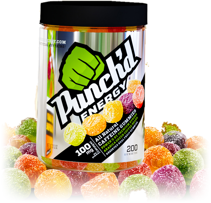 The Punch'd Energy 200-count jar ringed with fruit gummies