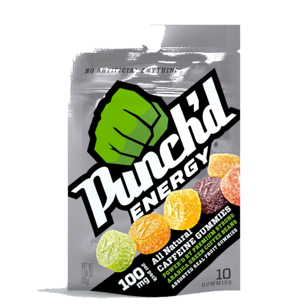 A sealed 10 Count Pouch of Punch'd Energy gummies
